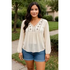 Cape Juby Boho Peasant Top L Cream Embroidered Floral Rayon Long Sleeve